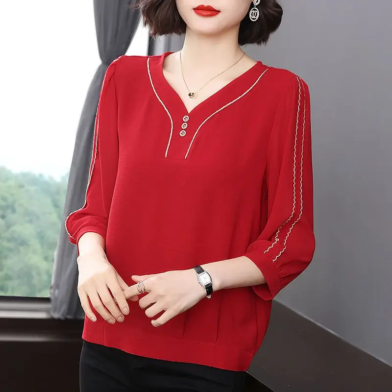 Elegant Casual V-Neck 3/4 Sleeve Chiffon Shirt Summer Women\'s Clothing Simplicity Loose Fashionable Solid Color Button Blouse