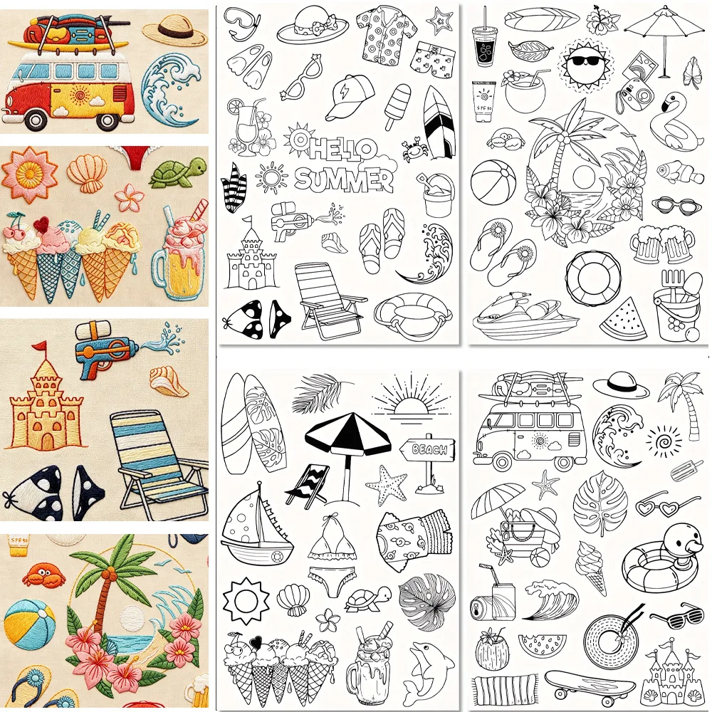Summer Beach Sea Shell Water Soluble Embroidery Stabilizers Stick and Stitch Pre-Printed A4 Transfers Self Adhesive Wash Away