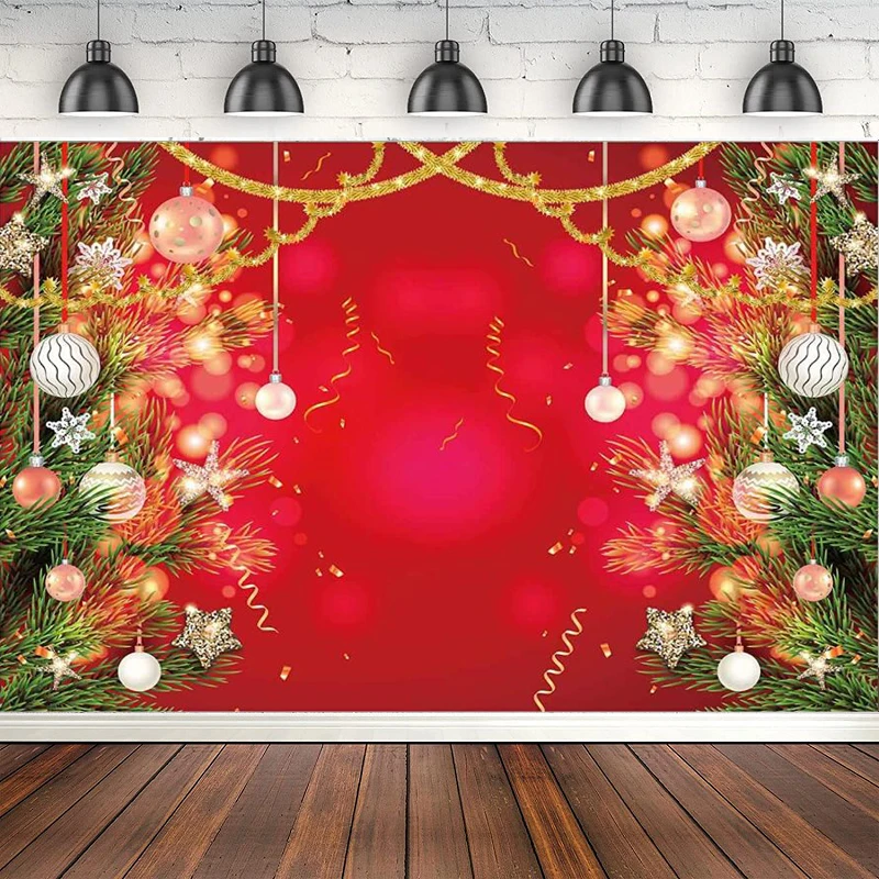 

Красный рождественский фон для фотосъемки, зимняя сосна, Новогодний фон, веселый рождественский баннер, блестящее украшение в стиле боке