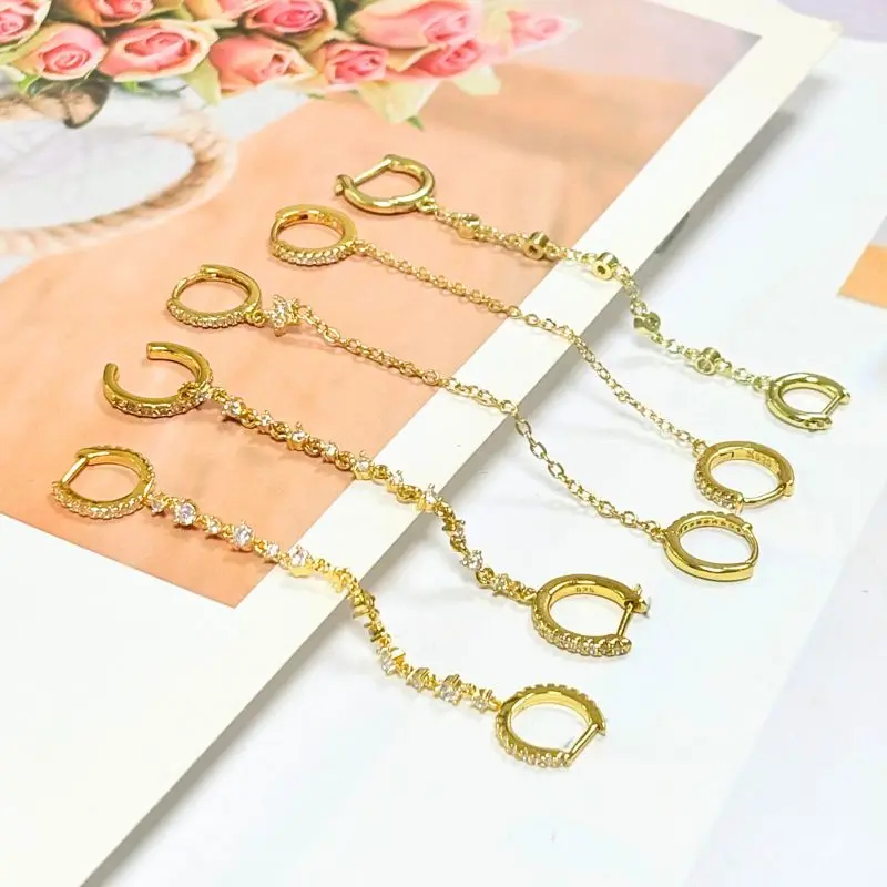 Women 925 Sterling Silver Ear Needle Double Chain Hoop Earrings Crystal Tassel Earrings Fashion Party Wedding Jewelry Gift 2022