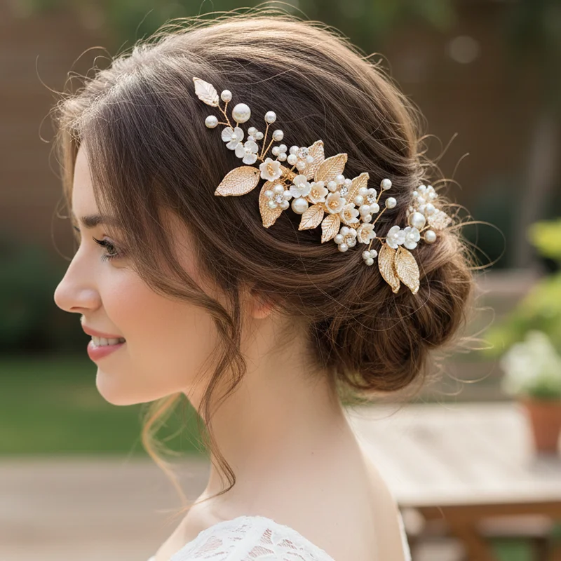 Golden Pearl Bridal Hair Clip Rhinestone Elegant Floral Leaf Wedding Hair Accessories for Bride Bridesmaid Prom Headpiece