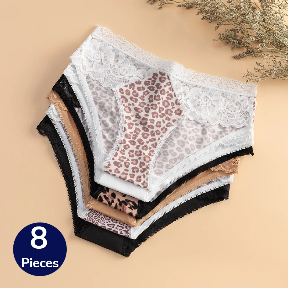 BZEL 8PCS/Set Lace Women's Panties Leopard Female Hollow Out Sexy Lingerie Skin-Friendly Briefs Comfortable Underpants Hot Sale