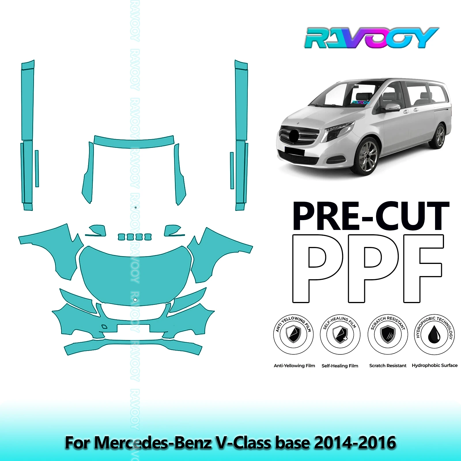 

Передний комплект + брюки, прозрачный бюстгальтер, предварительно вырезанная защитная пленка PPF для базы Mercedes-Benz V-Class 2014-2016 гг.
