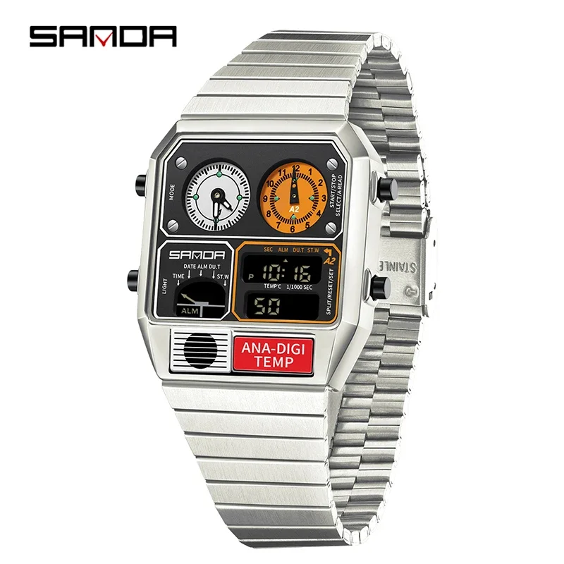 SANDA 3192 Neuer Chronograph, LED, elektronisch, quadratisch, drei Zeitzonen, lässig, Multifunktions-Thermometer, Stoppuhr