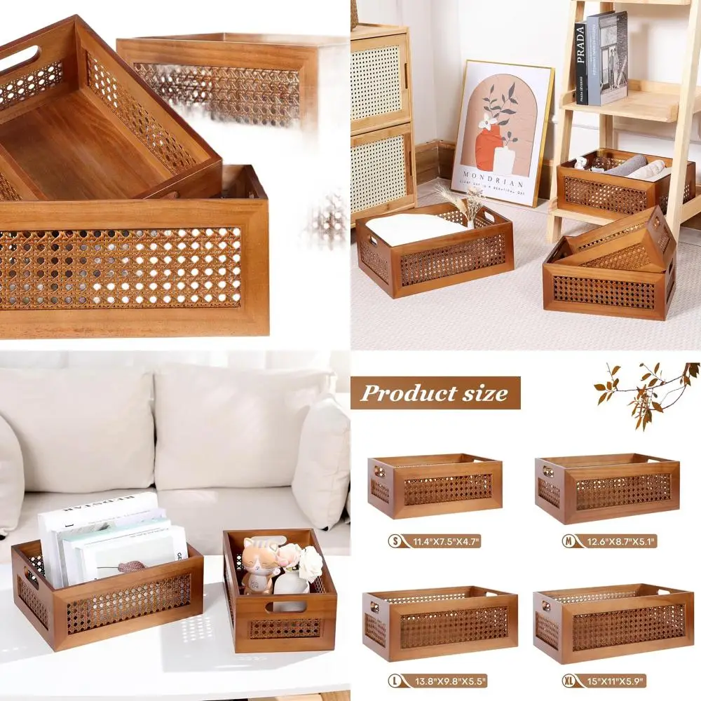 

Set of 4 Handcrafted Rattan Storage Baskets with Handles, Natural Bamboo Drawer Organizers for Home and Office Decor