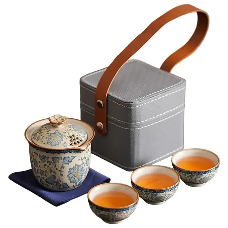 BAAR-Blue& White Porcelain Travel Tea Set-Ru Style-1 Teapot 3 Cups,Portable Kung Fu Ceremony Kit With Lotus Pattern Compact Case