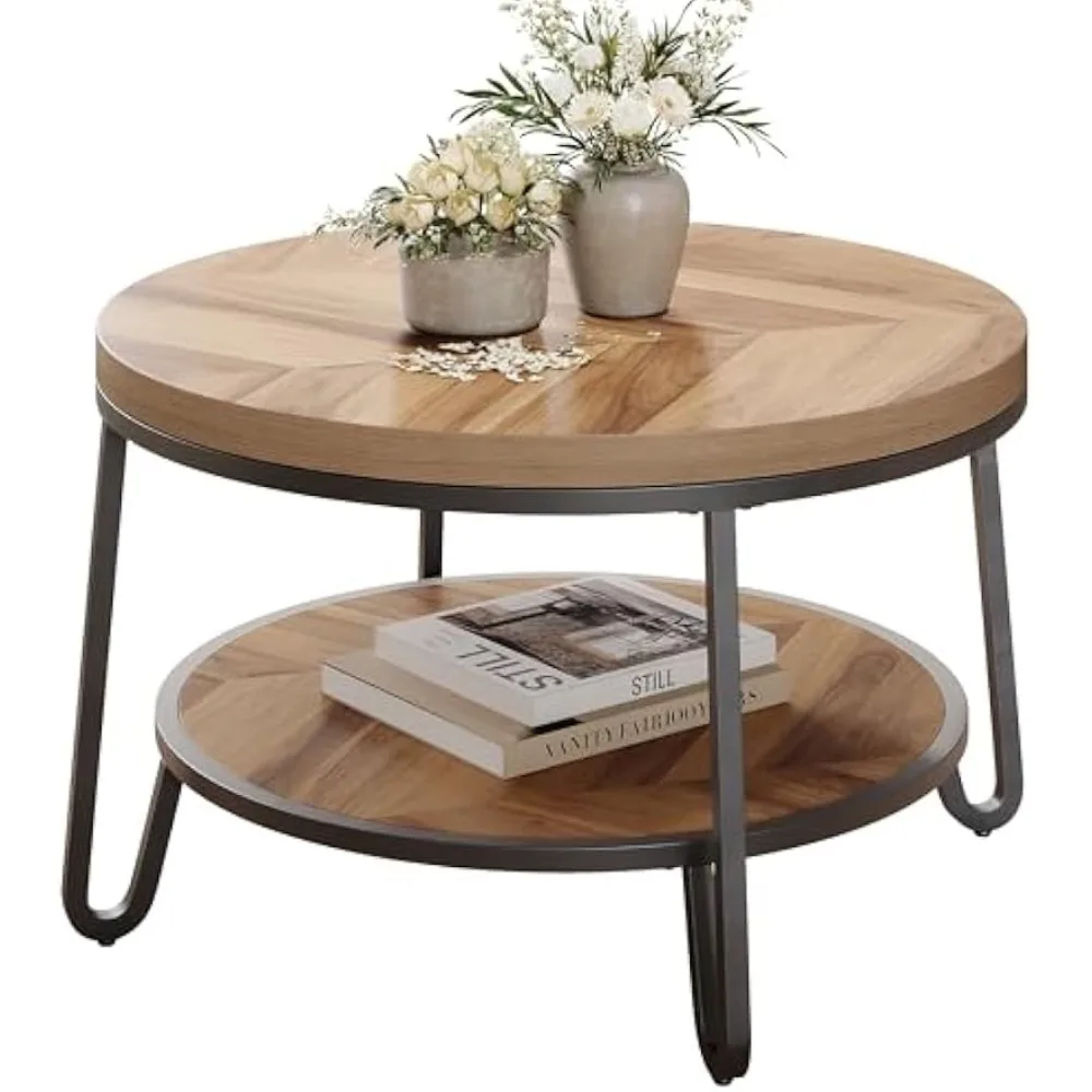 

32" Round Coffee Table, Circle Coffee Table for Living Room with 2-Tier Storage Shelves, Design Accent Center Table with Wood Gr