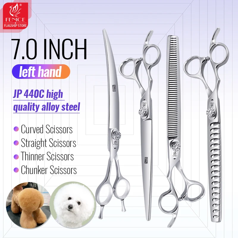 

Fenice Pet Grooming 7.0 Inch Left Handed Diamond Screws Cutting Curved Thinning Chunker Shear Set Japan 440C Scissor Kit