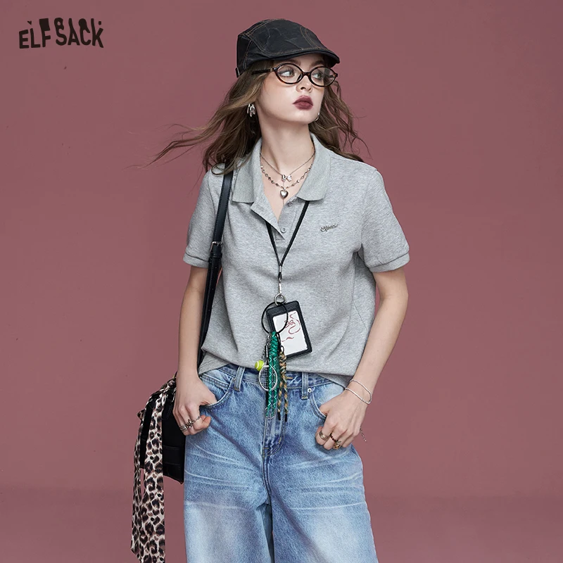 2024 Autumn ELFSACK New Arrivals Gray Polo collar versatile commuting Korean style solid color short-sleeved T-shirt for women