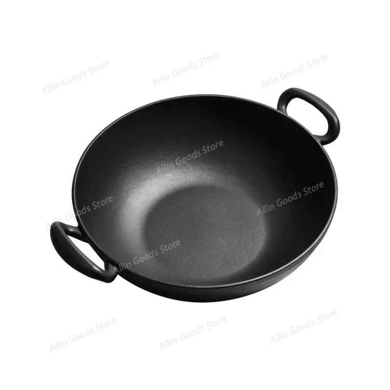 Traditional Old-Fashioned Cast Iron Wok 34cm Non-Stick Frying Pan for Gas and Electric Stoves