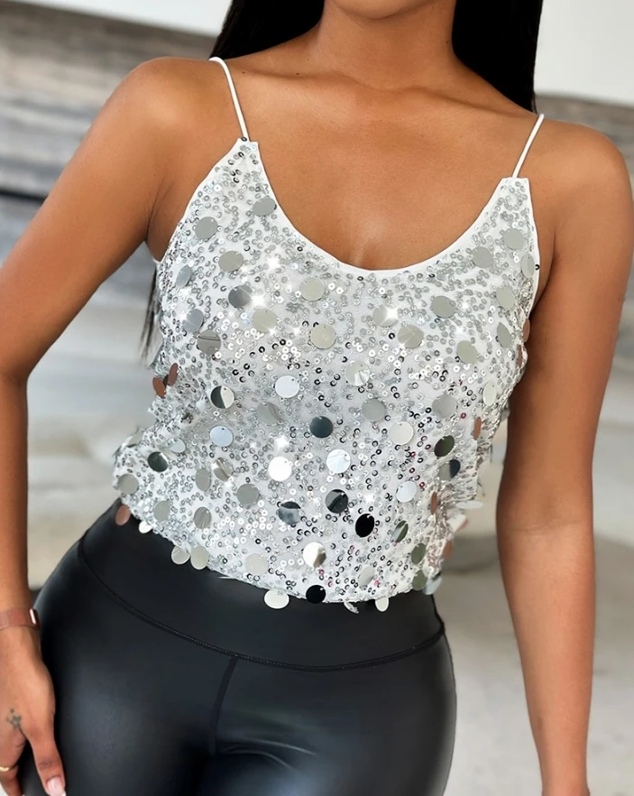 Moda mujer Casual Sexy versión completa lentejuelas cuello pico correa de espagueti chaleco 2025 Primavera/Novedad de verano ropa de mujer