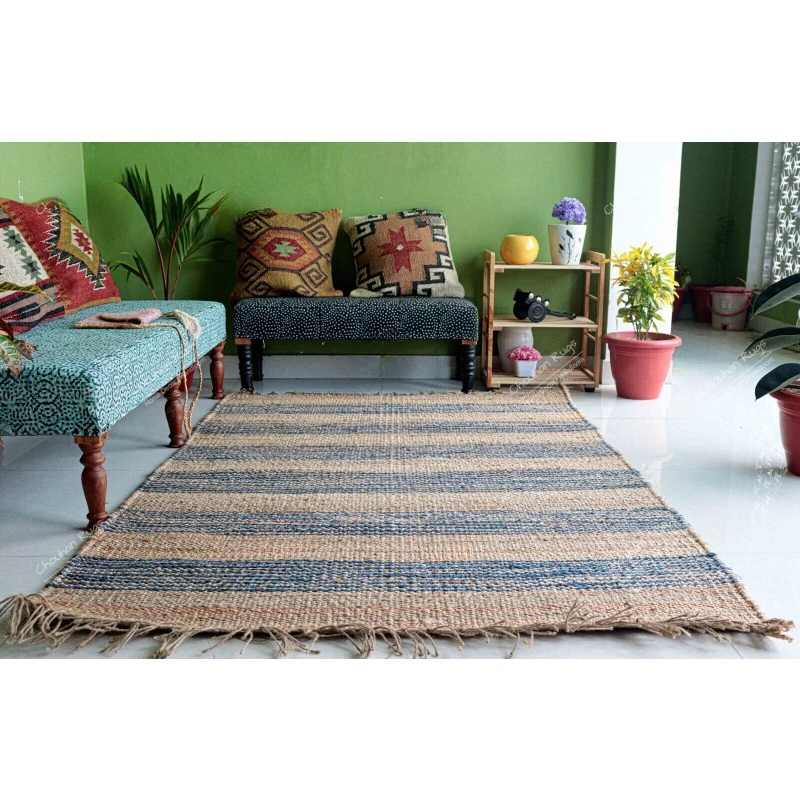 

Indian Handmade Hemp Rug with Beige & Blue Color Beautiful Home and Living Decor