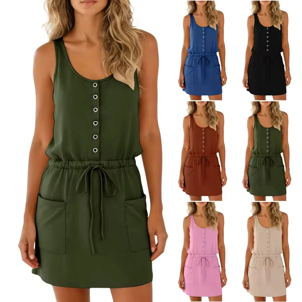 

Summer Dress For Women Beach Vacation Dresses Sleeveless Round Neck Mini Dress With Pockets Elegant And Pretty Women'S Dresses