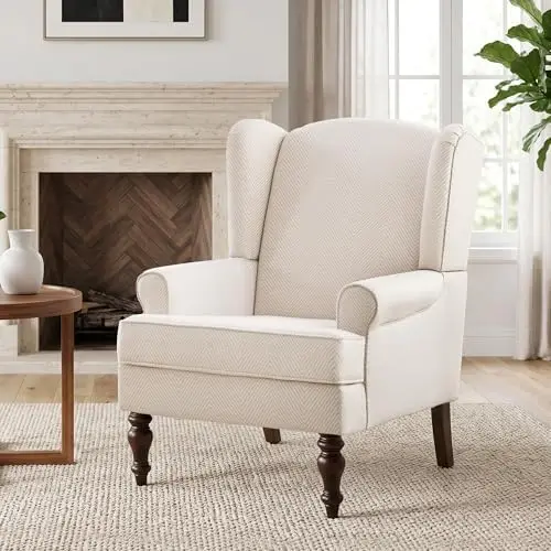 Printed Wingback Accent Chair, Linen Upholstered High Back Armchair, Comfy Reading Chair for Living Room Bedroom Study