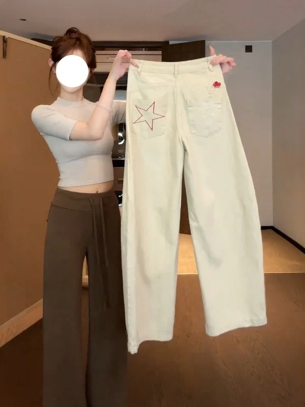 

Ретро-джинсы с вышивкой в американском стиле, широкие, свободного кроя, женские, больших размеров, весенние, повседневные, с высокой талией