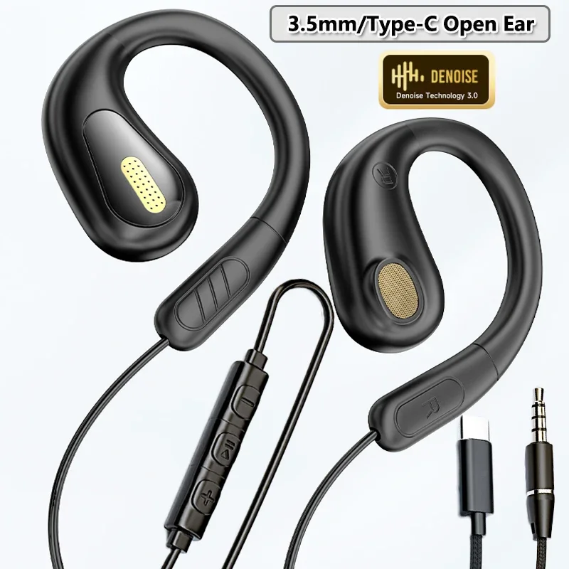 Cuffie da gioco sportive a orecchio aperto cablato Cuffie da 3,5 mm Type-C non intrauricolari Auricolari musicali con suono Hi-Fi con microfono ENC per chiamate chiare