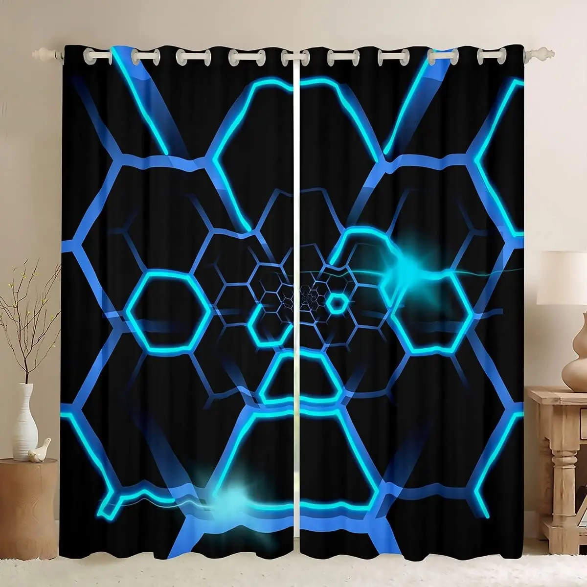 Futurism Hexagonal Art Printed Curtain for Home Decor Rod Pocket Grommet Top Window Treatment for Bedroom Kitchen Living Room