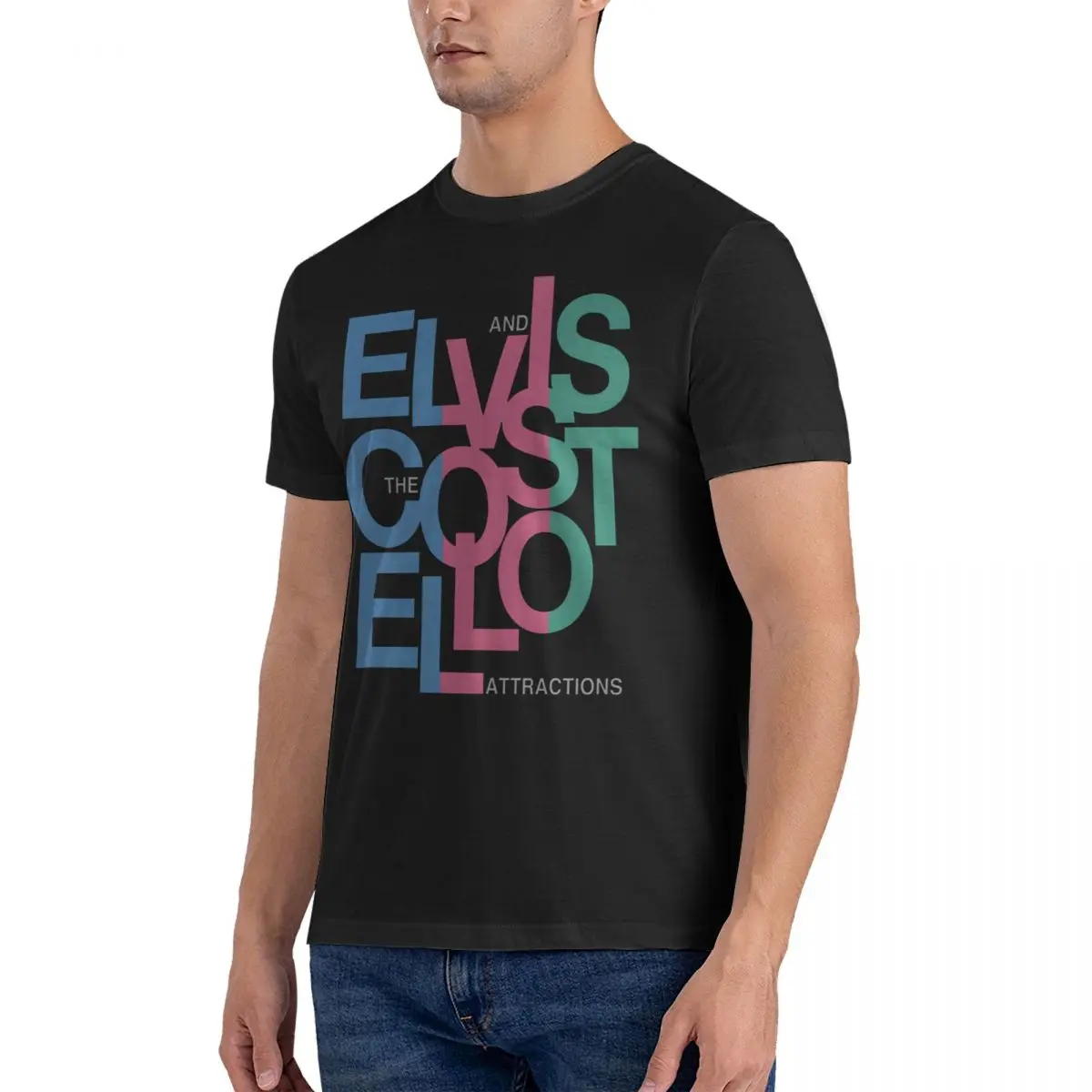 Funny Signs T-Shirts Men Round Collar Pure Cotton T Shirts E-Elvis Costello Short Sleeve Tee Shirt Adult Tops