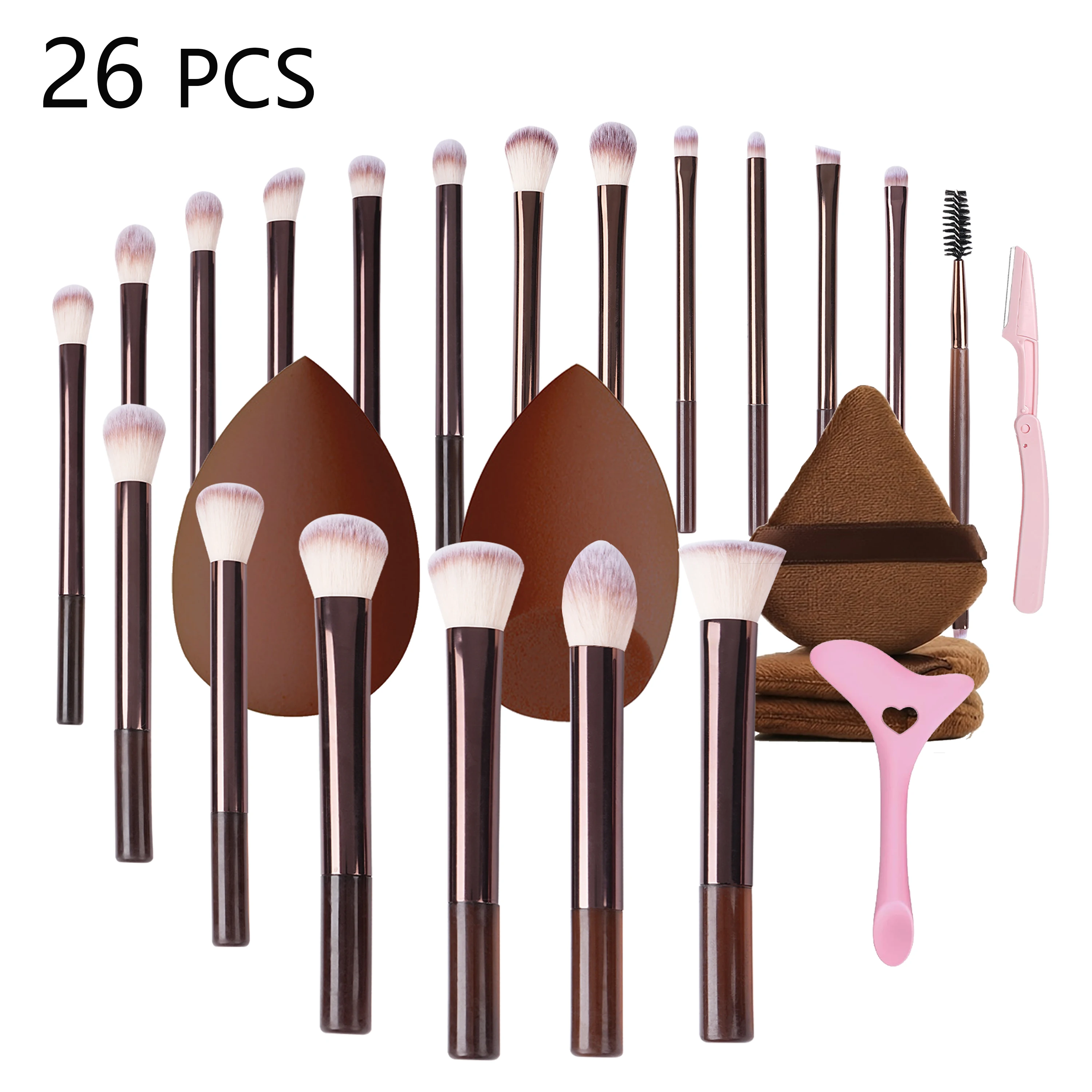 26 PCS Makeup Brush Set with Eyebrow Razor, Silicone Eyeliner Stencils, Makeup Sponge, Powder Puff, Full Set of Makeup Tools