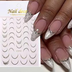 1pcs Metallic Silver French Line Nail Art Stickers 5D Embossed Curve Strip Wave Nail Decals Irregular French Line Nail Supplies