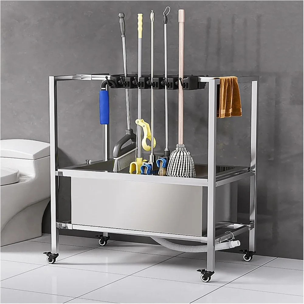 

Portable Wheeled Cleaning Cart for Mops, Brooms, and Garden Tools with Storage Cabinet
