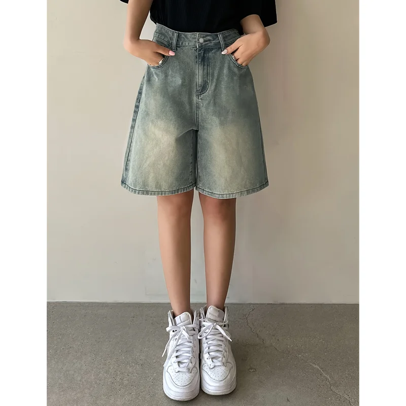 Damen Shorts Sommer blau Jeans mit hoher Taille y2k gerade plus Größe klassische Freizeit hose Streetwear Vintage Jeans shorts mit weitem Bein