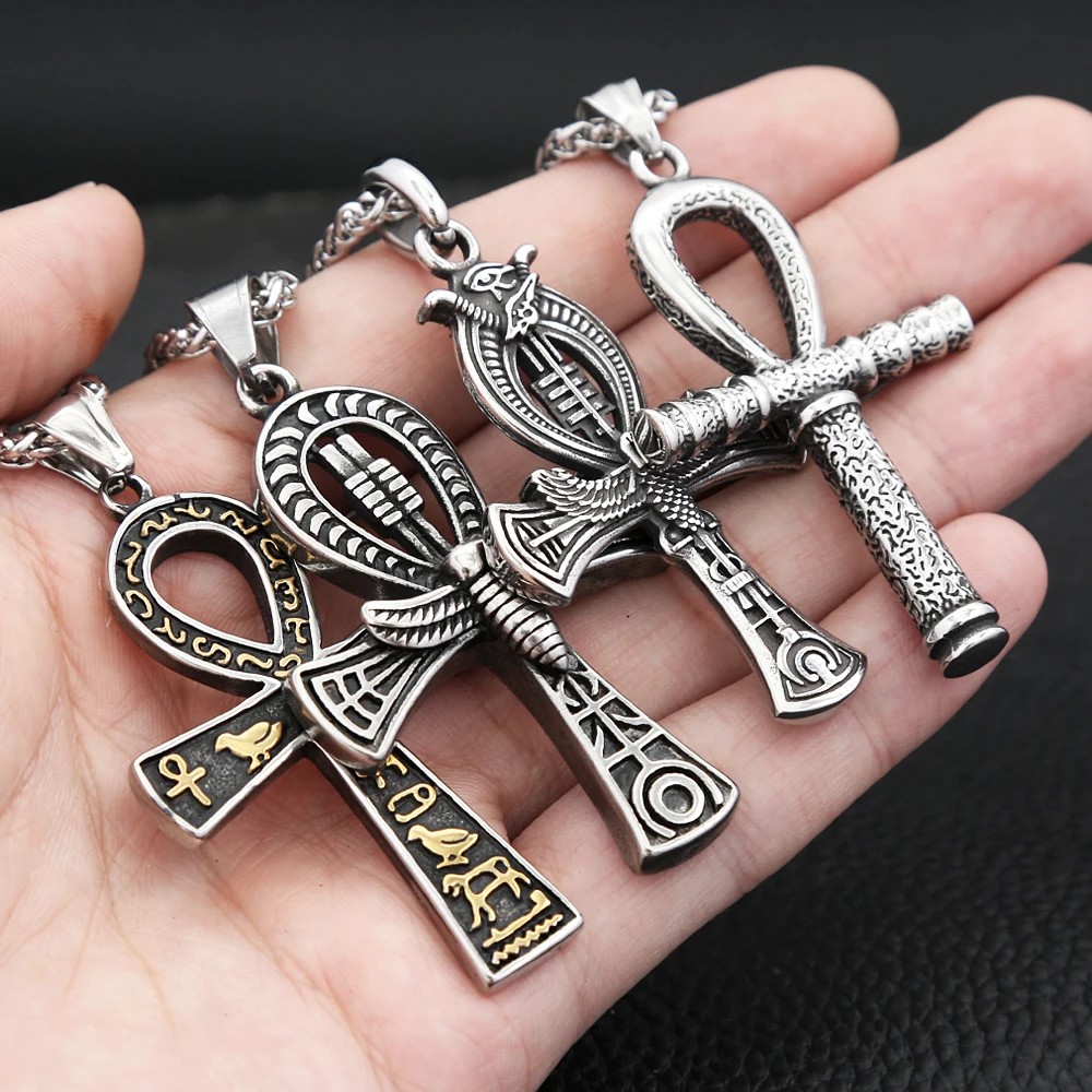 Vintage Stainless Steel Ancient Egyptian Ankh Cross Pendant Necklaces For Men Women Fashion Eye Of Horus Amulet Jewelry Gifts