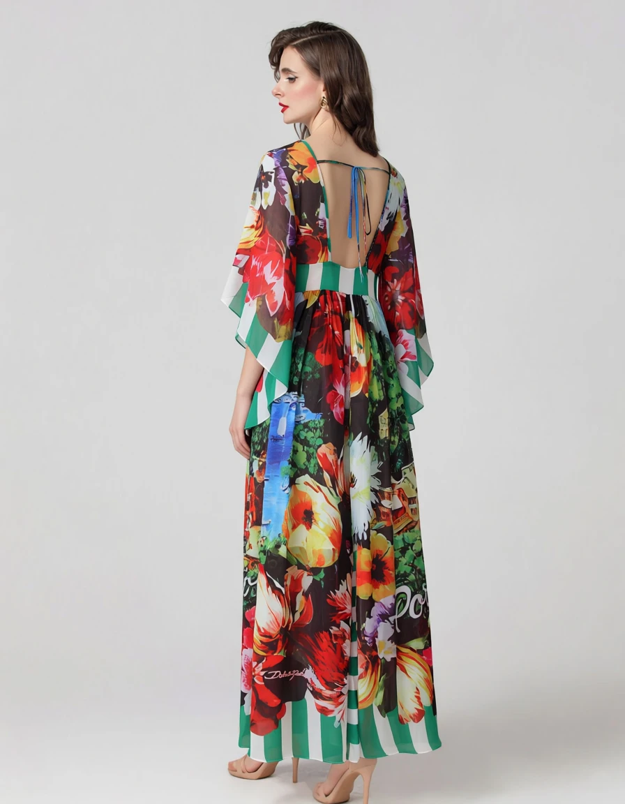 فستان نسائي طويل بطبعات زهور وناظر طبيعية خلابة - رقبة على شكل حرف V، أكمام جرس متدفقة صيفية بوهو بيتش فيستدوس