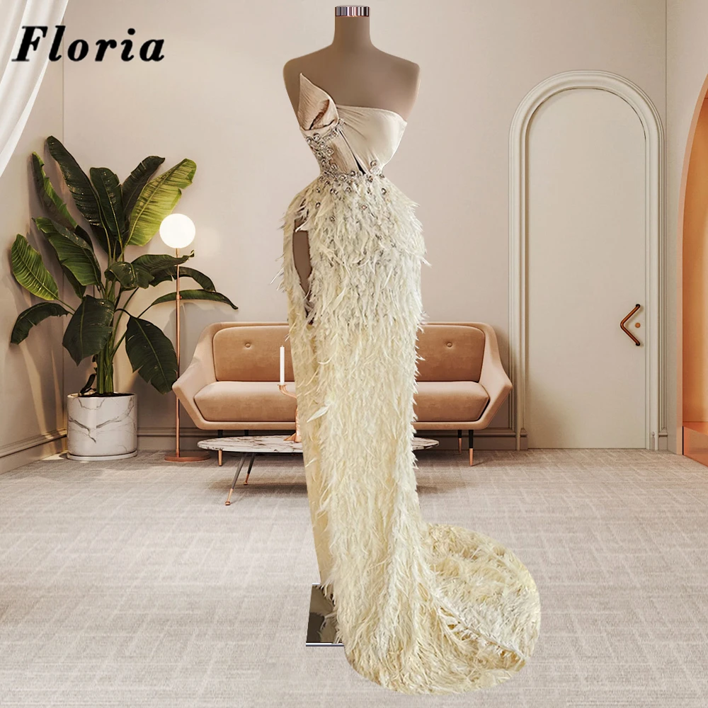 

Floria One Shoulder Celebrity Dresses Withi High Split Elegant Arabic Long Prom Dress For Party Feathers Beads Evening Gowns