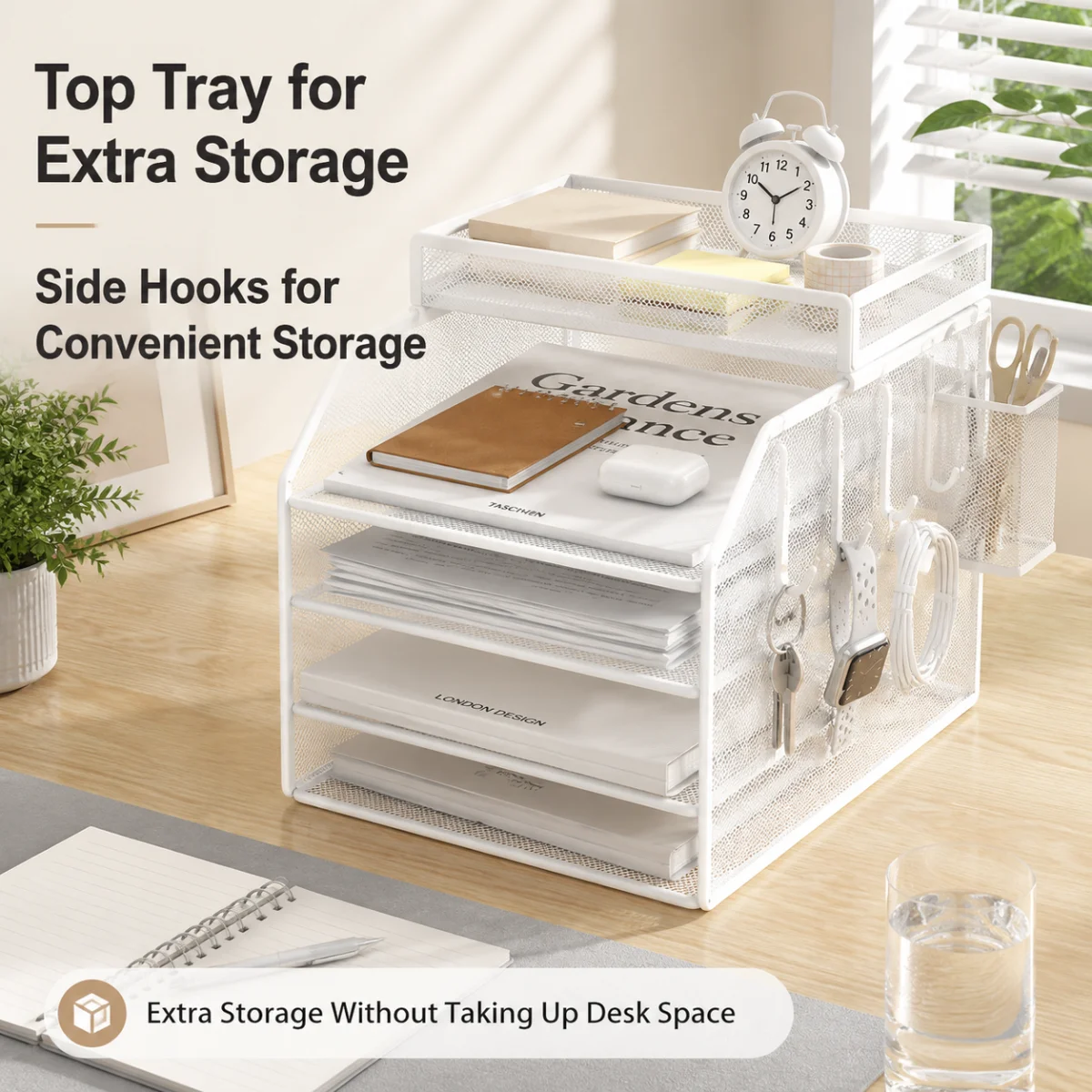 Breathable Mesh 3-Tier Document Sorter, Top Tray & Side Hooks for Office Supplies, Clutter-Free Desk Rack