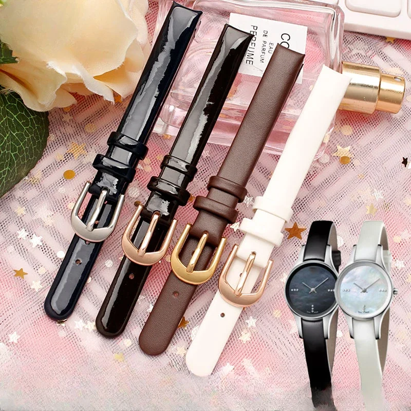 

For CK Genuine Leather Watchbands Women K431 K4323209 K436 Glossy Cowhide Solid Stainless Steel Pin Buckle 10mm Watch Strap