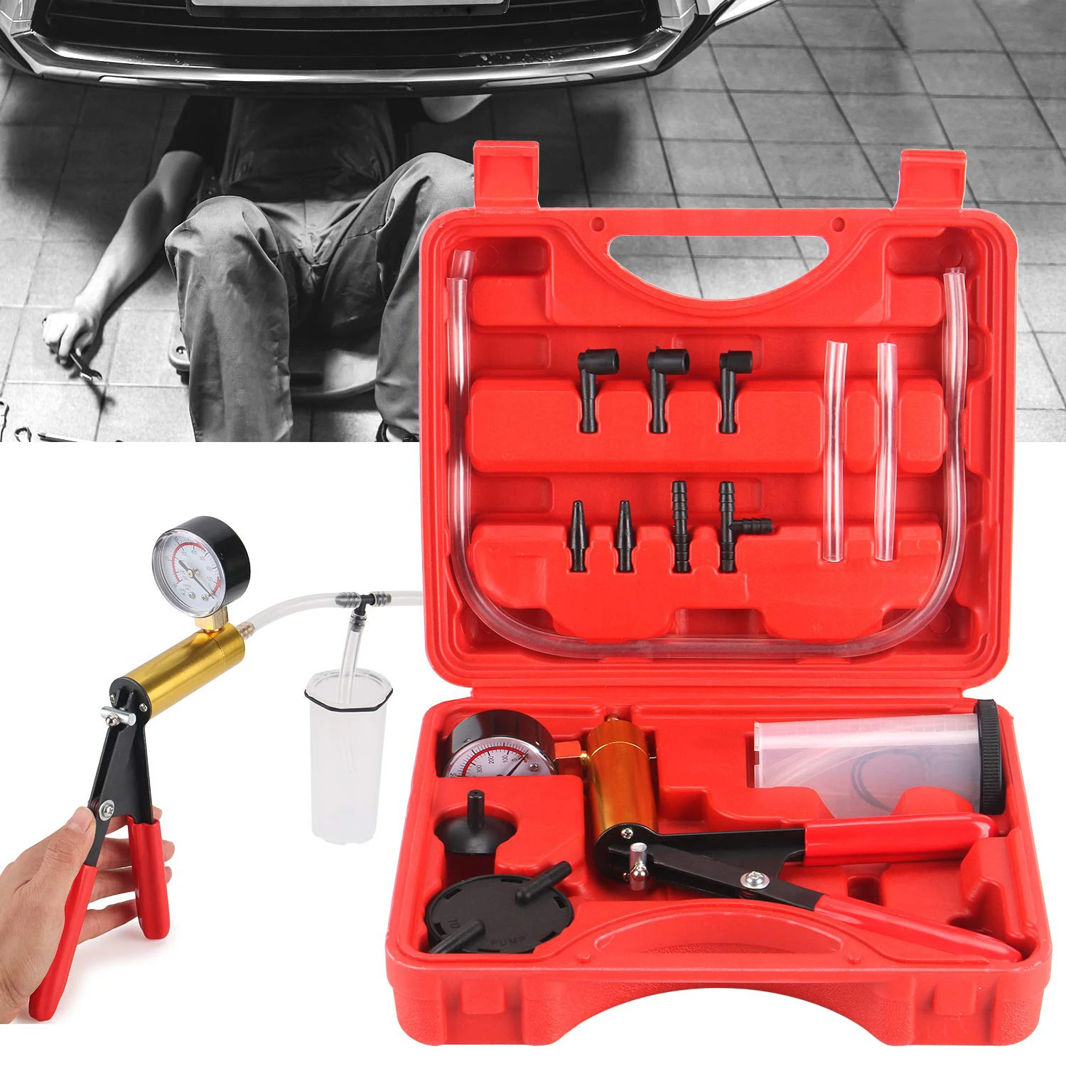 Kit de purga de frenos 2 en 1, juego de prueba de bomba de vacío manual para automoción con estuche protegido, herramienta de purga de embrague de freno de un solo hombre