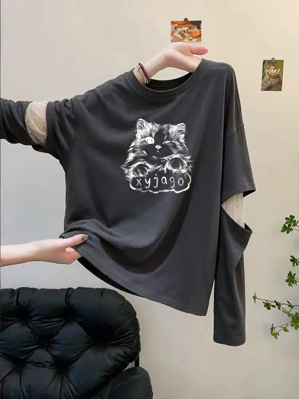 Elegant Long Sleeve T-Shirt Women's Fashion Mesh Splicing Two-Piece Look Top Quality Autumn Wear Universal Fit Loose Style