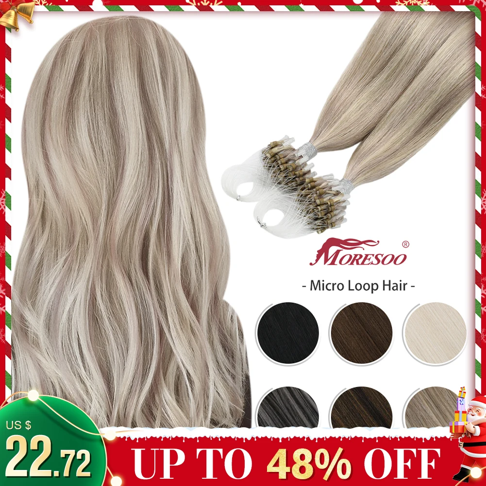 Moresoo Micro Link Hair Extensions Human Hair Micro Loop Hair Cold Fusion 50G Invisible Brazilian PreBonded Remy Micro Ring Hair