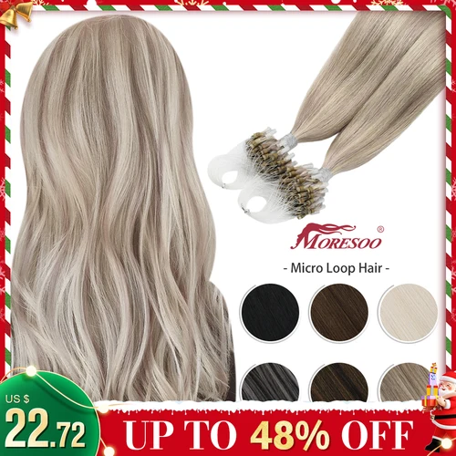 Moresoo-extensiones de cabello humano con Micro anillas, pelo de fusión en frío, 50G, Invisible, brasileño, prepegado, Remy Extensiones de cabello Micro Link Cabello humano Micro Loop Cabello Fusión en frío 50G Invisib
