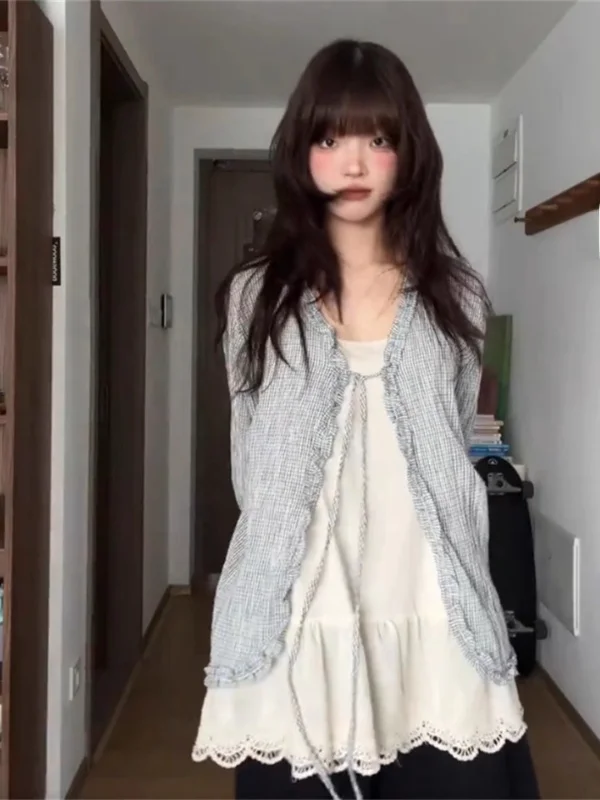 Protezione solare scozzese retrò di grandi dimensioni Cover up Sensation di design da donna Set da due pezzi con canotta interna con cinturino e legno