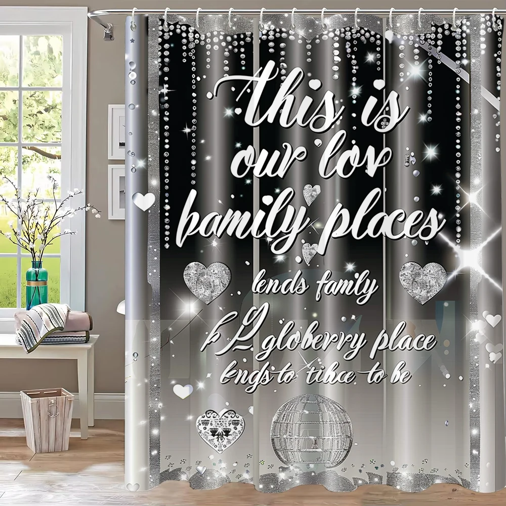 

1pc Modern Grey Shiny Romantic Printed Shower Curtain With Hooks Bathroom Curtains , Home Decoration Girl's lovely Room Curtain