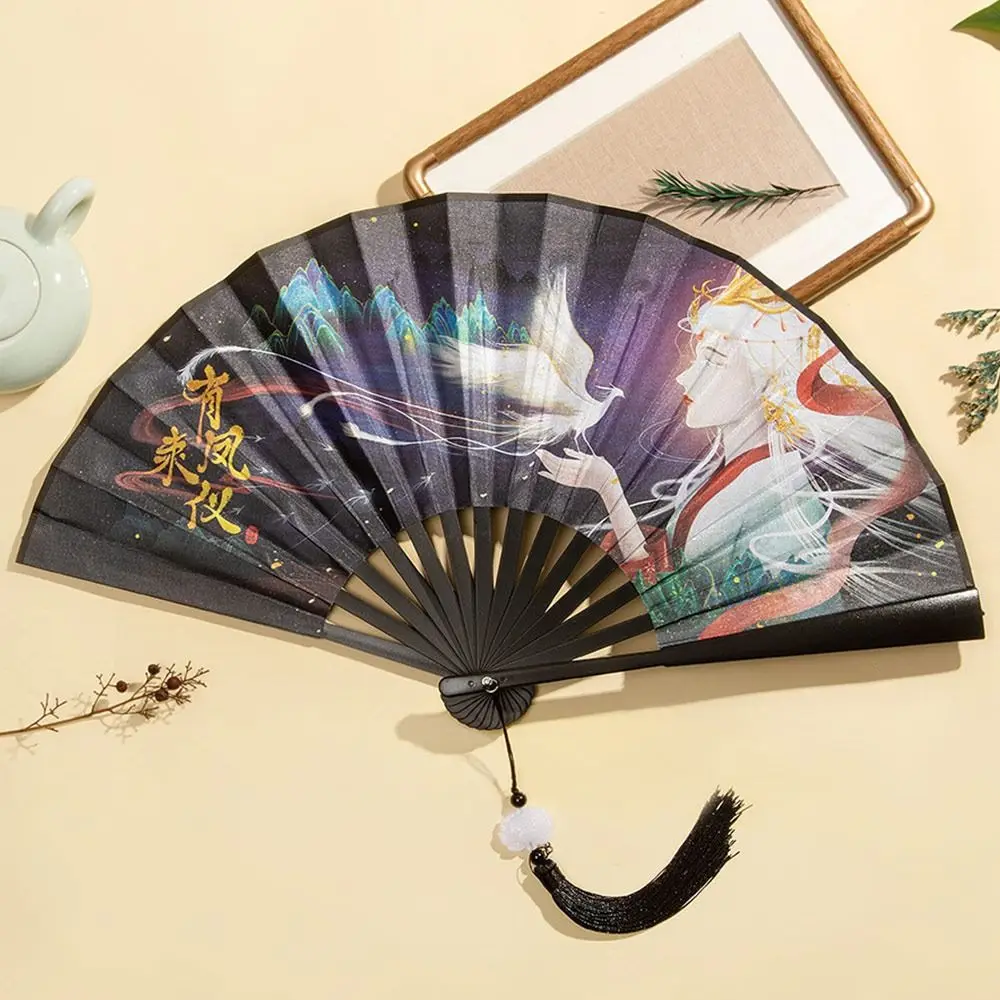 High Quality Silk Vintage Folding Fan Bamboo Tassel Elegent Hand Fan Hand Fan Colorful Shank Classical Dance Fan Female