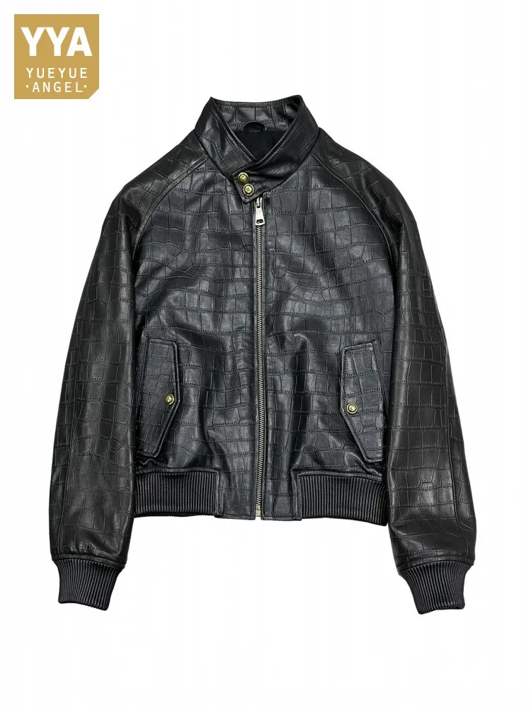 

Мужская роскошная куртка из натуральной овчины с воротником-стойкой, пальто с крокодиловым узором, короткие куртки из натуральной кожи на молнии, осеннее повседневное пальто