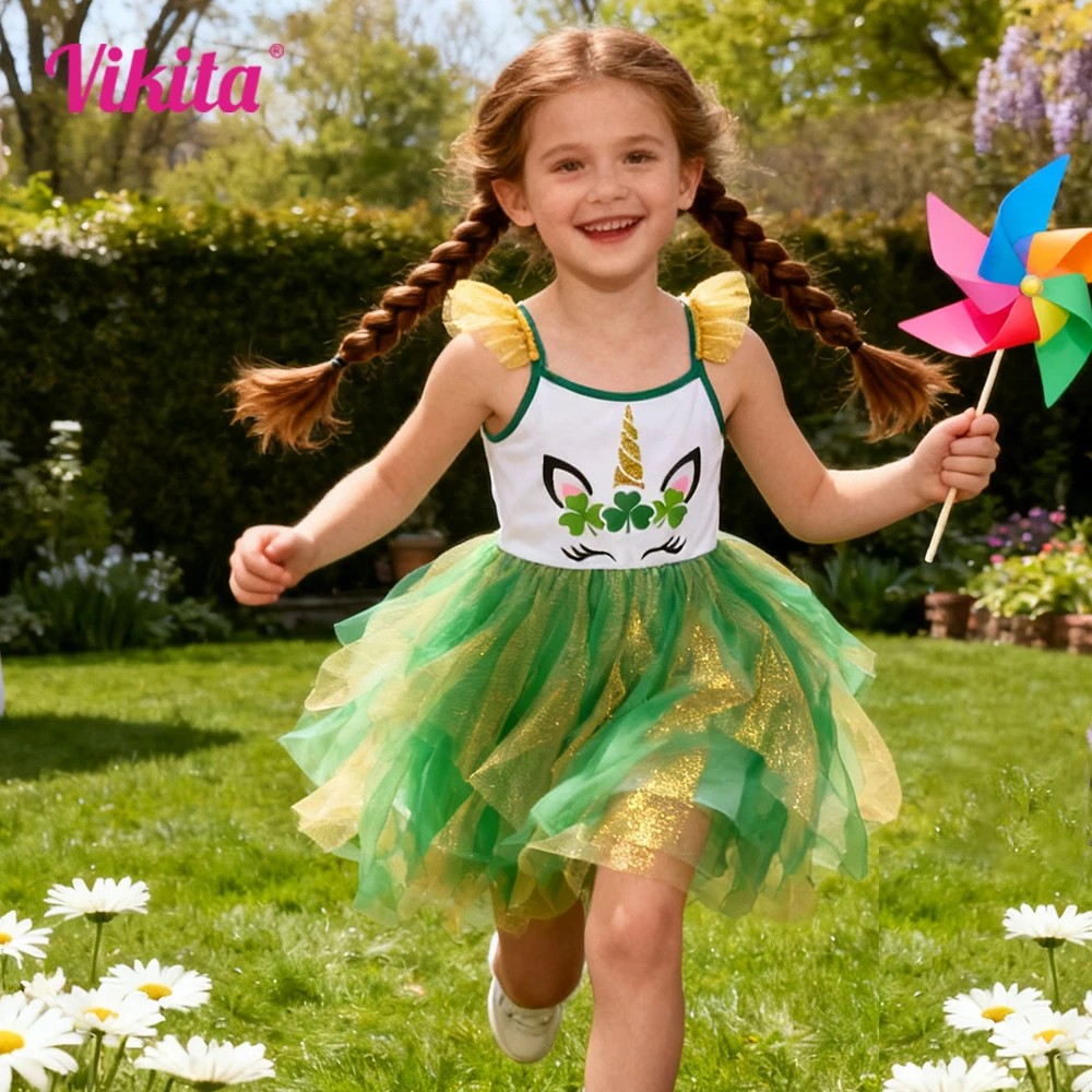 VIKITA – robe en Tulle vert irrégulier pour petites filles, en maille, bretelles Spaghetti, licorne, Festival, fête, princesse Tutu, robes à bretelles