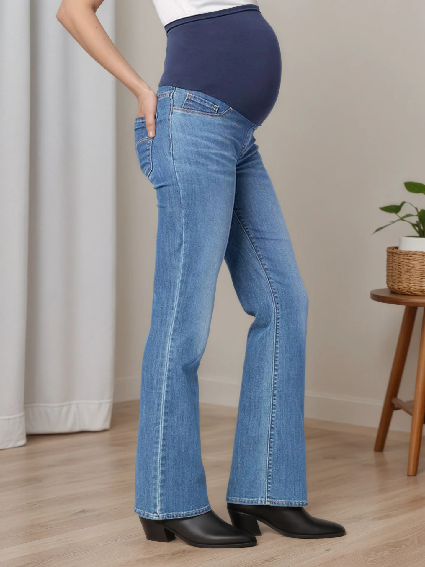 Pregnant Women High Waist Support Belly Jeans Maternity Hip Lifting Elastic Denim Pants Daily Work Wear Straight Denim Trousers