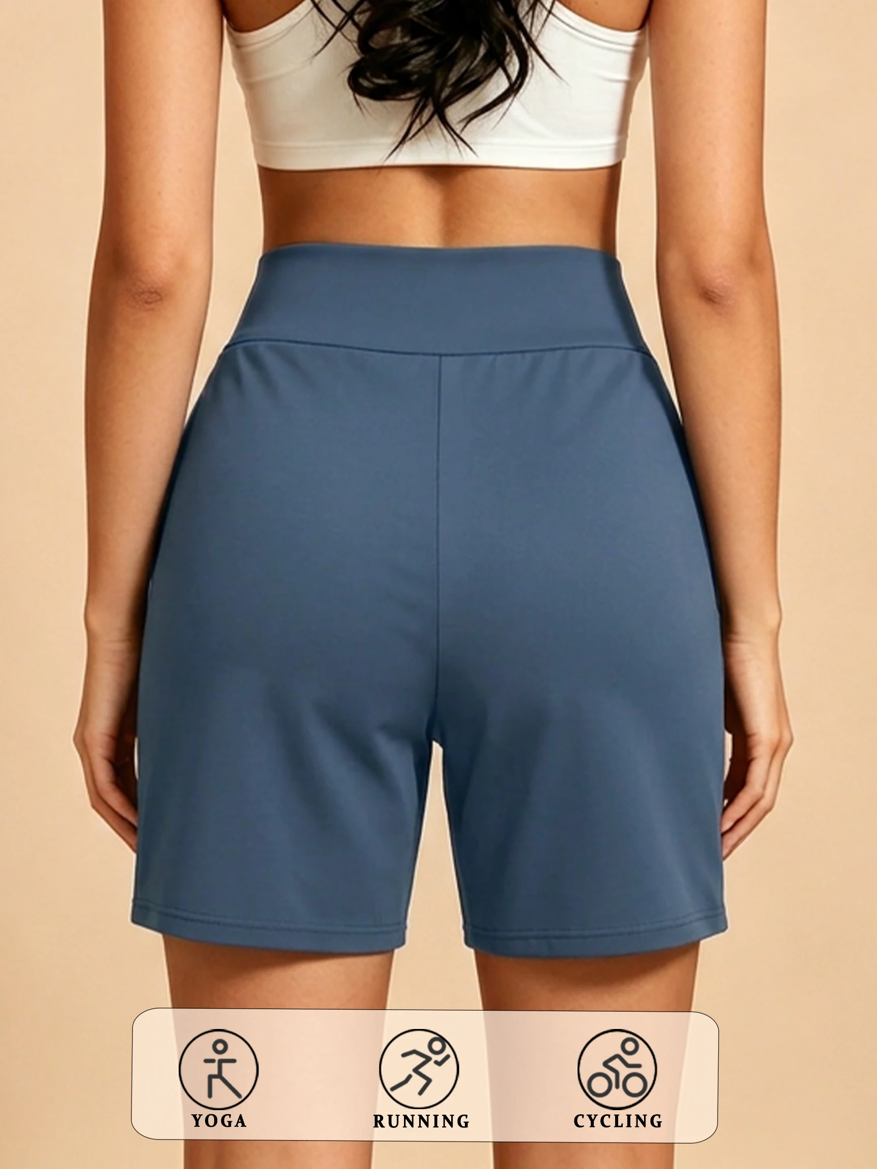 Bermuda-Shorts für Damen mit Taschen, Hochgeschnittene Lange Shorts für Laufen, Workout und Sport – Detail 3