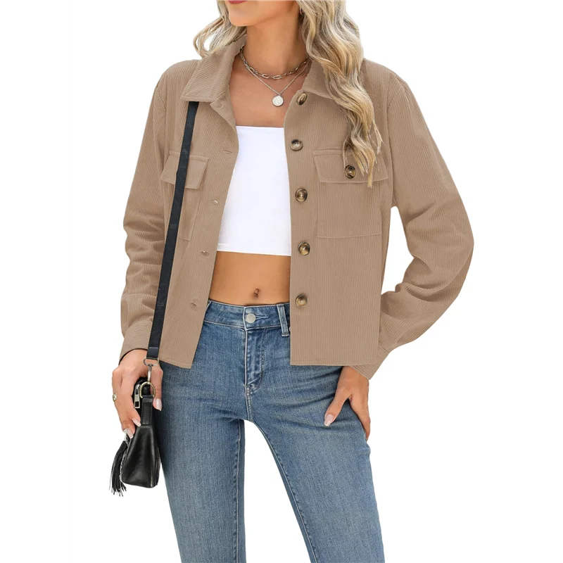 ABP-mode pour femmes manilles courtes velours côtelé boutonné vestes courtes hauts chemises à manches longues à la mode 2025