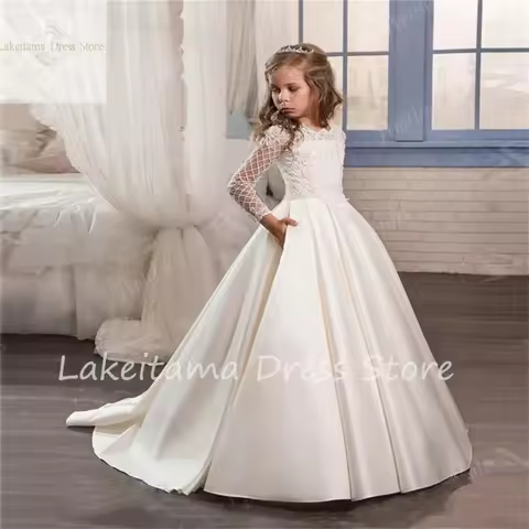 Wedding Dress Flower Girl Dresses Kids Satin Sashes Bow Simple Organza Cap Sleeves Girls Princess Evening Dress