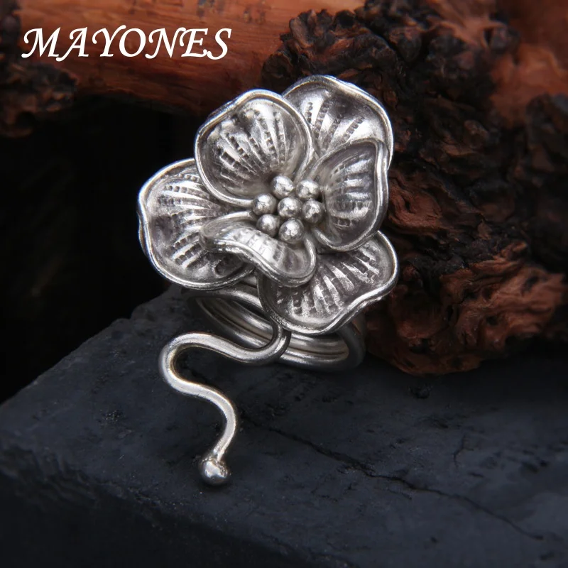 S925 Sterling Silver Thai Handmade Silver Flower Ring with Retro Exaggerated Design and Adjustable Open Index Finger Ring