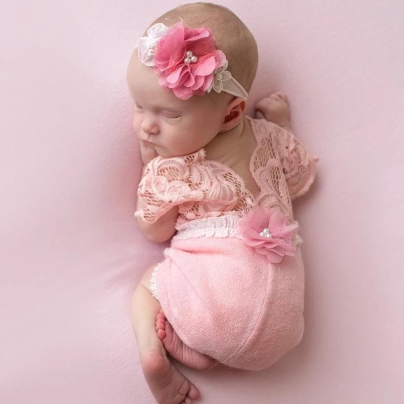 J15U 2 unids/set 0-1 mes accesorios fotografía recién nacido diadema bebé Pelele encaje traje monos traje niña