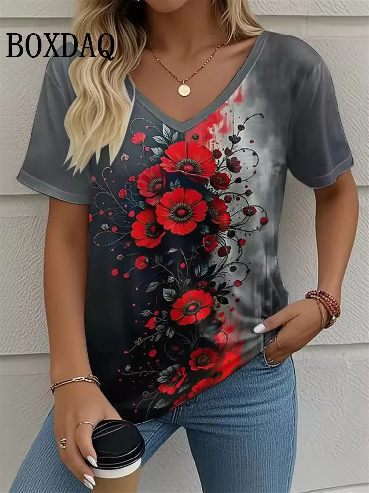 Summer Vintage Flowers T Shirt Women Tie Dye 3D Print Loose Short Sleeve Tops Plus Size Fashion Casual V-Neck Ladies Tee Shirts