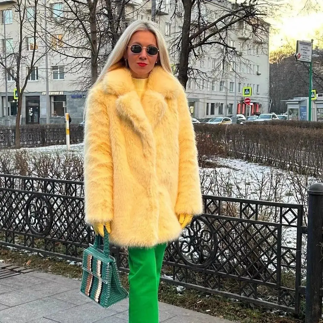 معطف فرو نسائي متوسط الطول صديق للبيئة دافئ للخريف والشتاء، ياقة مثل الثعلب، ياقة أنيقة ومريحة #4