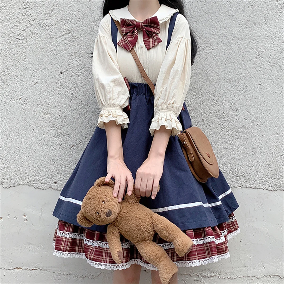 Japanese Style Kawaii Cute Lolita Cosplay Lolita Top+skirt Girl Doll Collar Bow Lace Ruffled Plaid Skirt Large Max Size 4XL Suit