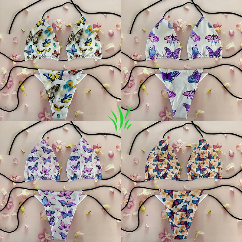 

Funny colorful butterfly pattern bikini set swimsuit beach surfing vacation ladies deep V butterfly print bikini fashion gift